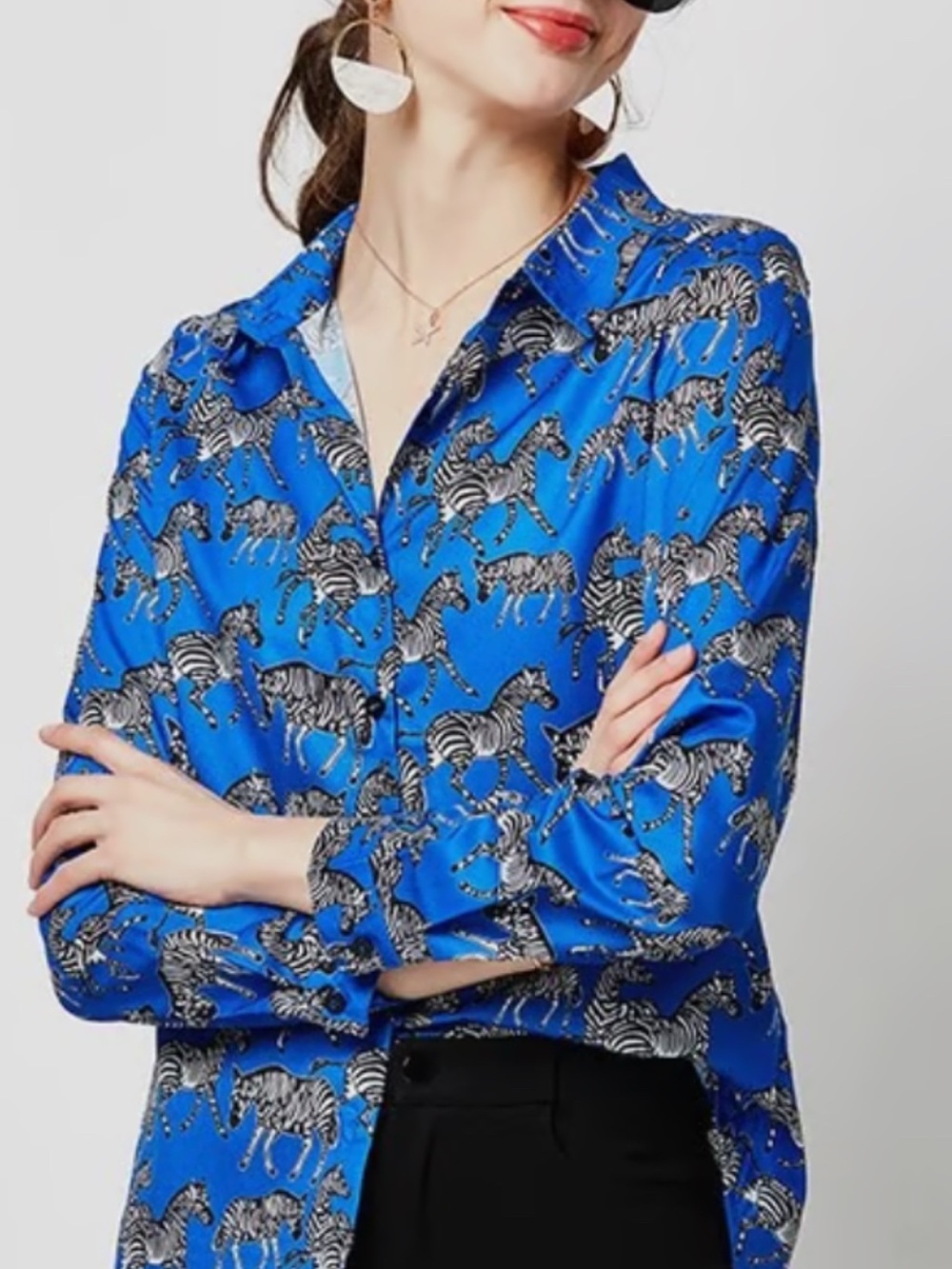 Zara Blue Zebra Print Women's Button-Up Shirt, size Medium